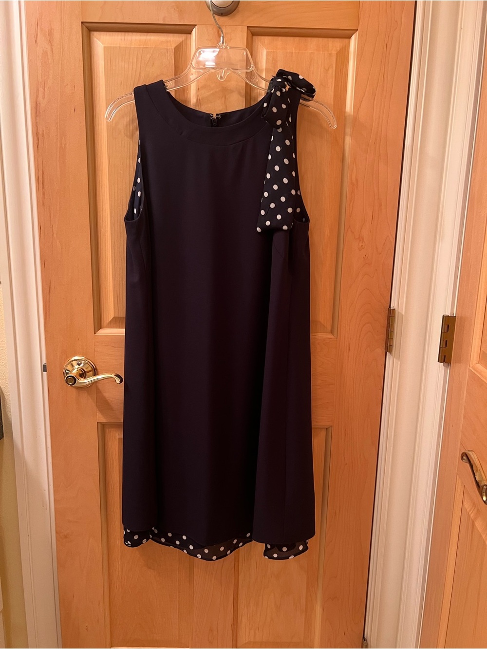 Tahari Sleeveless Navy Polka Dot-Trim Shift Dress with Shoulder Bow